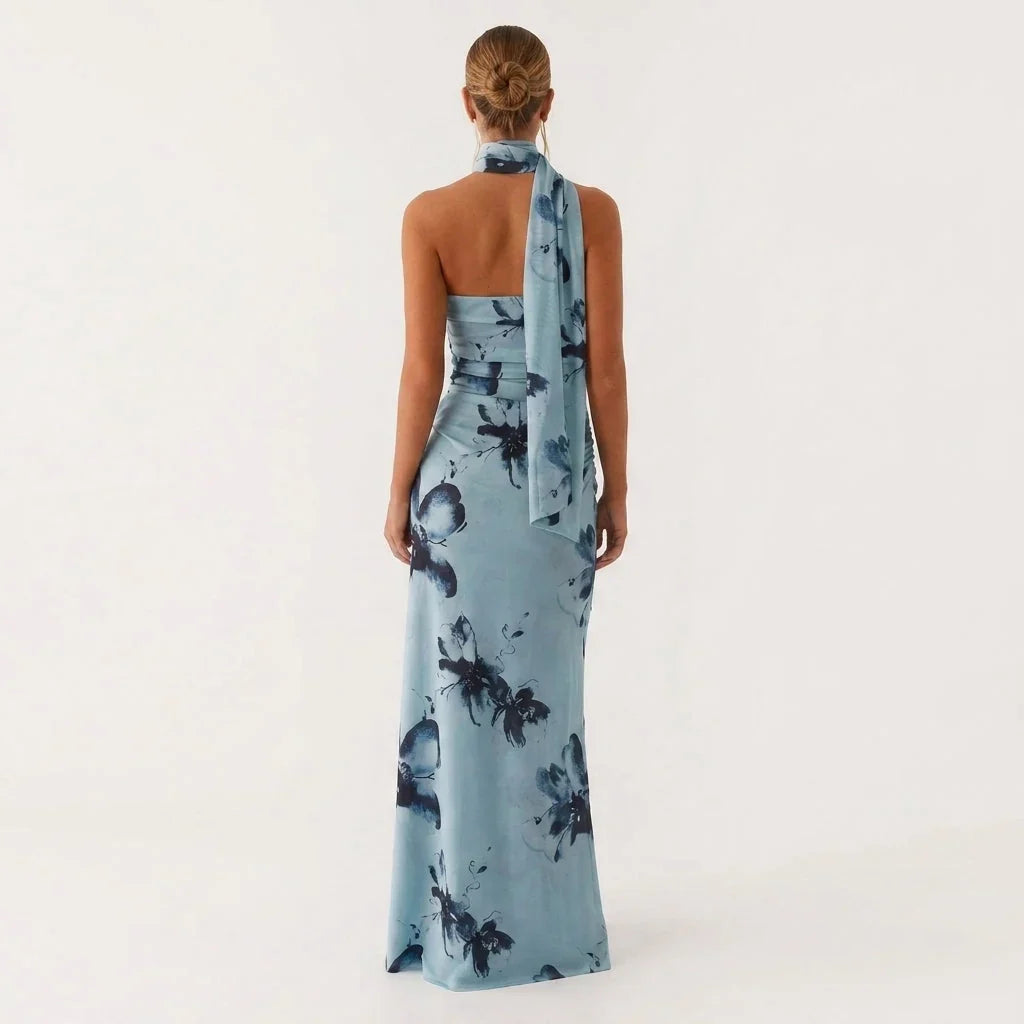 Blue Floral Asymmetric Maxi Dress with Scarf Neck – Wedding Guest