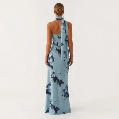 Blue Floral Asymmetric Maxi Dress with Scarf Neck – Wedding Guest