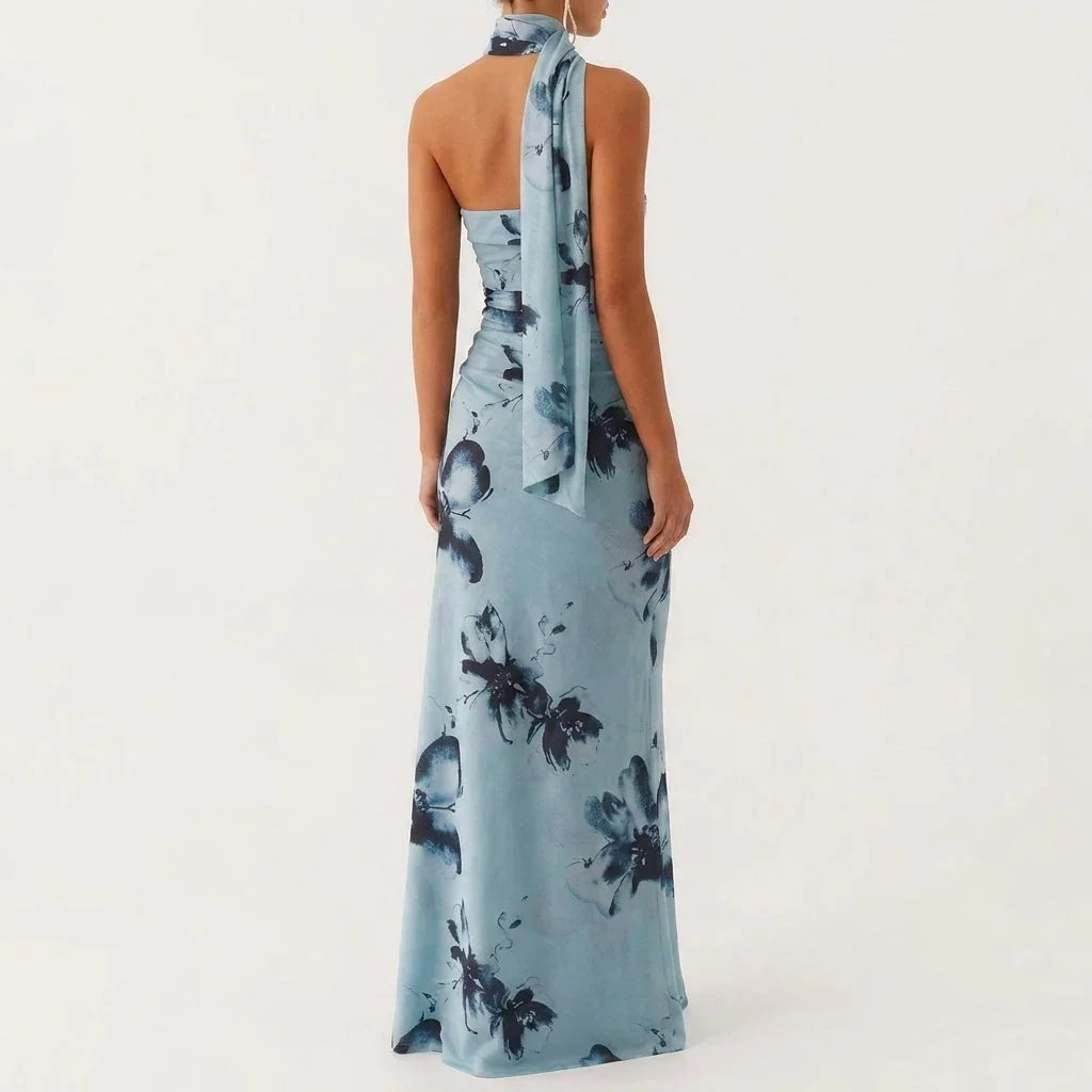 Blue Floral Asymmetric Maxi Dress with Scarf Neck – Wedding Guest