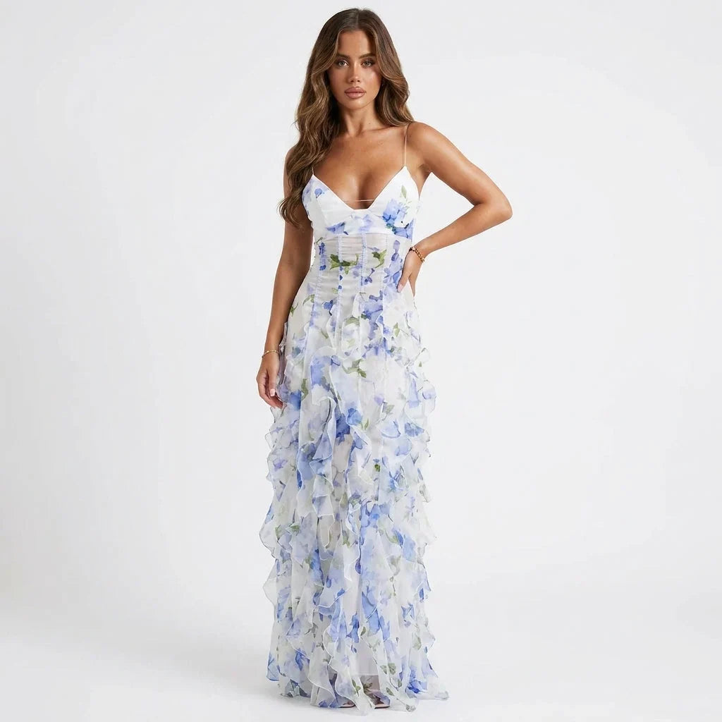 Blue Floral Corset Maxi Dress with Ruffle Skirt – Wedding Guest