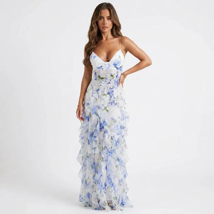 Blue Floral Corset Maxi Dress with Ruffle Skirt – Wedding Guest
