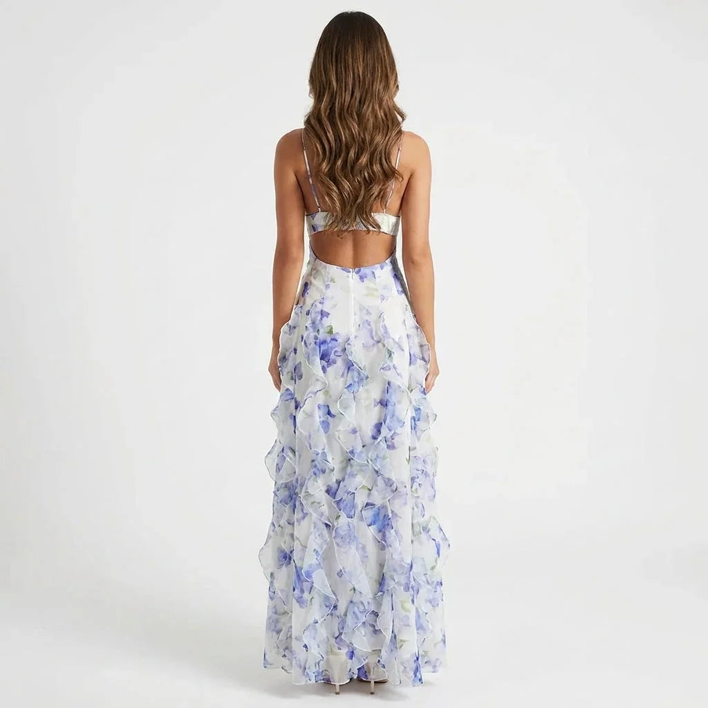 Blue Floral Corset Maxi Dress with Ruffle Skirt – Wedding Guest