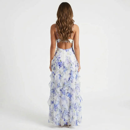 Blue Floral Corset Maxi Dress with Ruffle Skirt – Wedding Guest