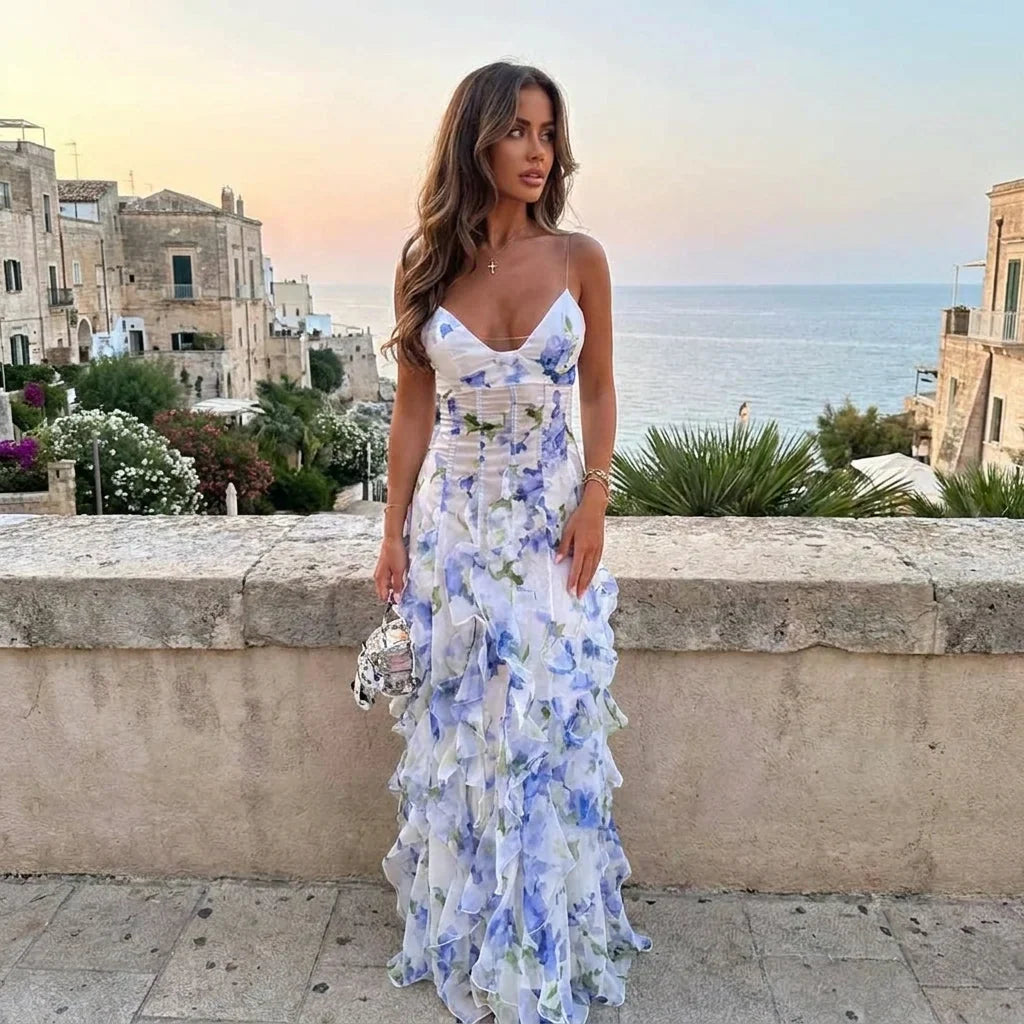 Blue Floral Corset Maxi Dress with Ruffle Skirt – Wedding Guest
