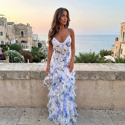 Blue Floral Corset Maxi Dress with Ruffle Skirt – Wedding Guest