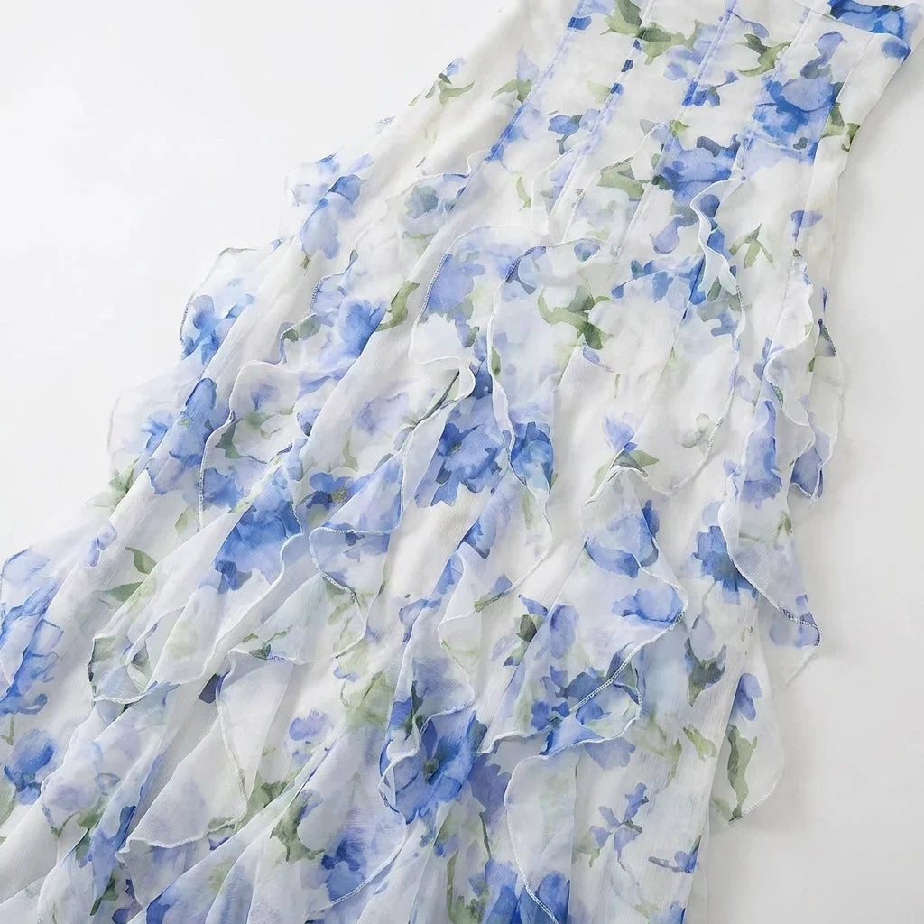 Blue Floral Corset Maxi Dress with Ruffle Skirt – Wedding Guest