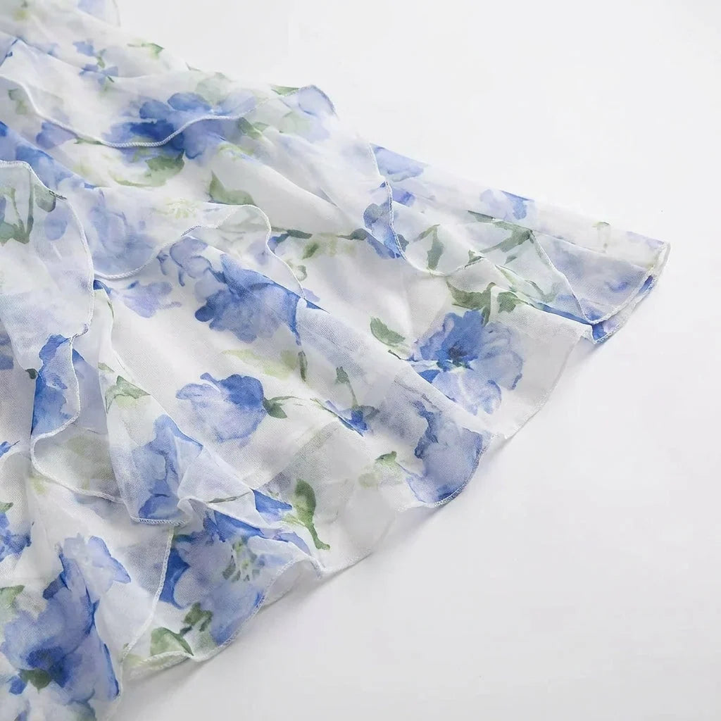 Blue Floral Corset Maxi Dress with Ruffle Skirt – Wedding Guest