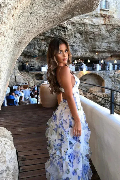 Blue Floral Corset Maxi Dress with Ruffle Skirt – Wedding Guest