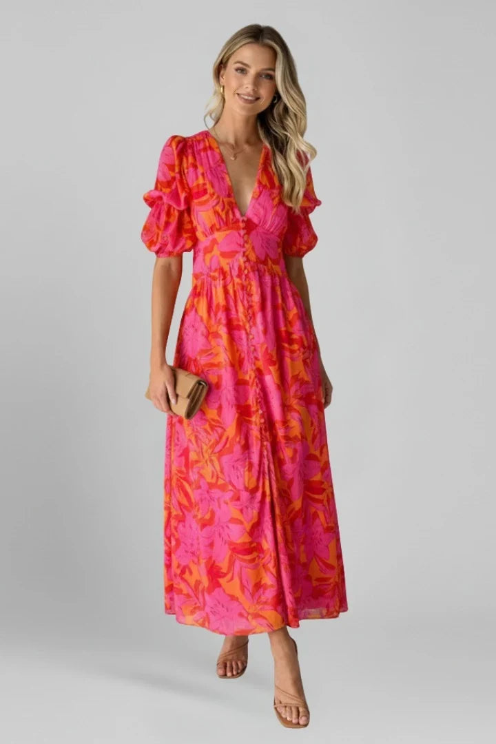 Pink Floral Puff Sleeve Maxi Dress – V-Neck Button Through