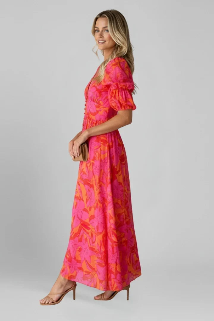 Pink Floral Puff Sleeve Maxi Dress – V-Neck Button Through