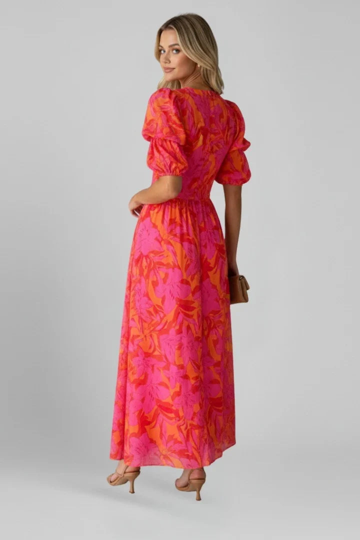 Pink Floral Puff Sleeve Maxi Dress – V-Neck Button Through