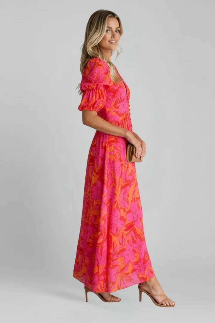 Pink Floral Puff Sleeve Maxi Dress – V-Neck Button Through