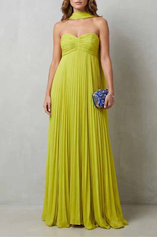 Lime Green Pleated Halter Maxi Dress – Sweetheart Scarf Neck Wedding Guest Gown