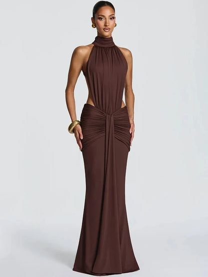 Halter Neck Ruched Mermaid Maxi Dress – Open Back Evening Gown