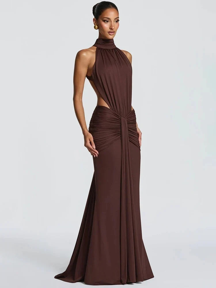 Halter Neck Ruched Mermaid Maxi Dress – Open Back Evening Gown
