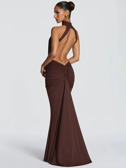 Halter Neck Ruched Mermaid Maxi Dress – Open Back Evening Gown