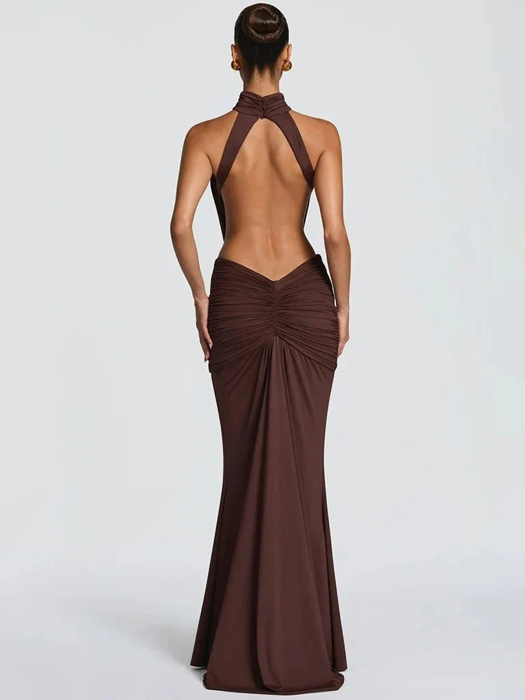 Halter Neck Ruched Mermaid Maxi Dress – Open Back Evening Gown