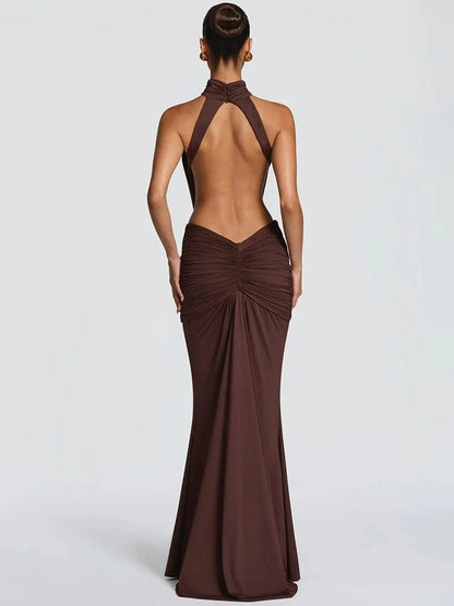 Halter Neck Ruched Mermaid Maxi Dress – Open Back Evening Gown