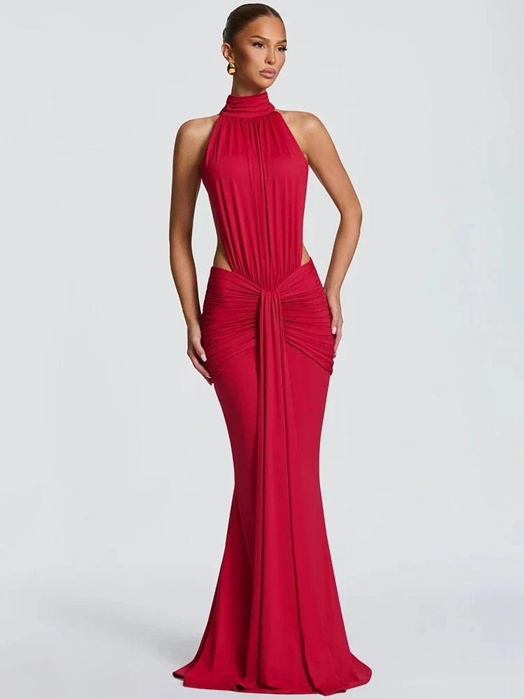 Halter Neck Ruched Mermaid Maxi Dress – Open Back Evening Gown