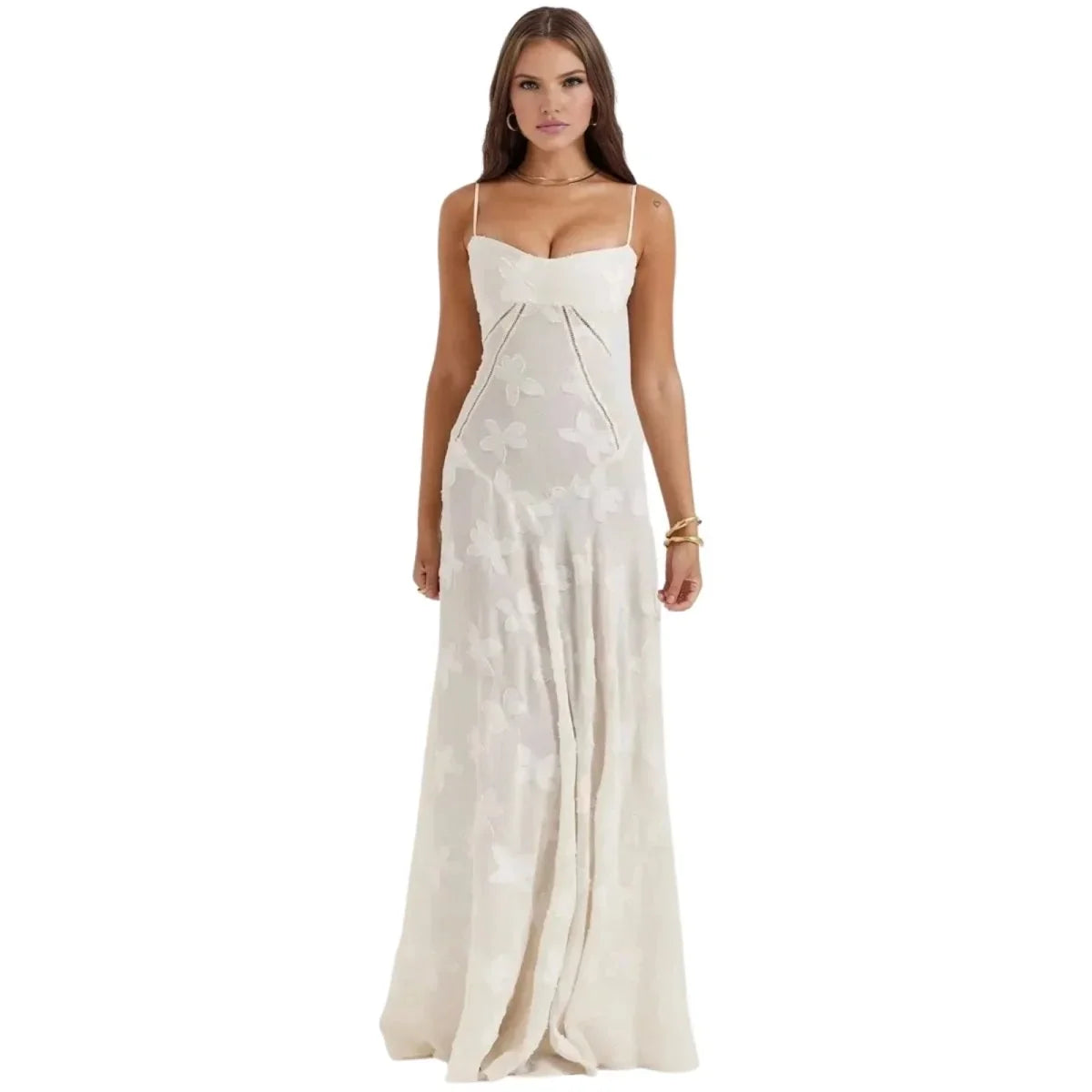 Floral Jacquard Corset Maxi Dress – Spaghetti Strap Bridesmaid Gown