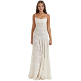 Floral Jacquard Corset Maxi Dress – Spaghetti Strap Bridesmaid Gown