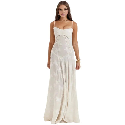 Floral Jacquard Corset Maxi Dress – Spaghetti Strap Bridesmaid Gown