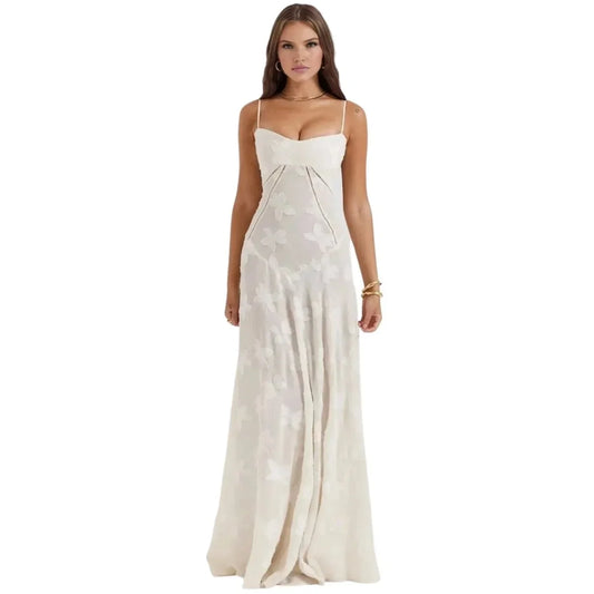 Floral Jacquard Corset Maxi Dress – Spaghetti Strap Bridesmaid Gown
