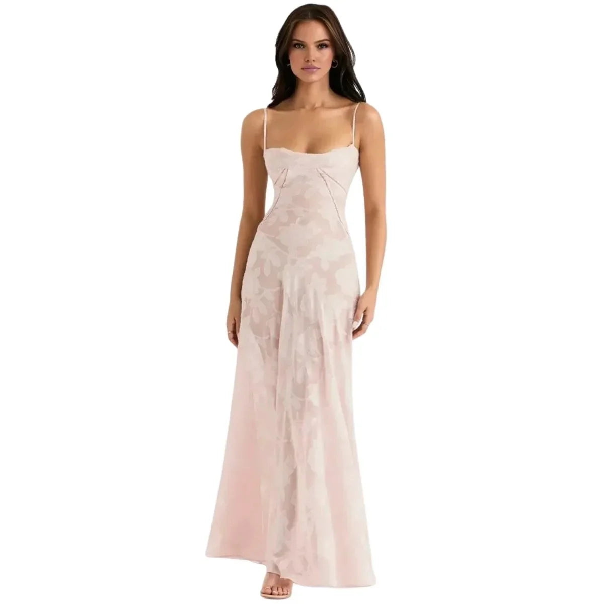 Floral Jacquard Corset Maxi Dress – Spaghetti Strap Bridesmaid Gown