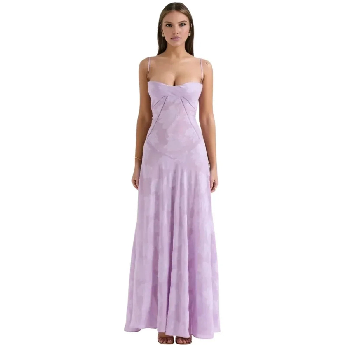 Floral Jacquard Corset Maxi Dress – Spaghetti Strap Bridesmaid Gown