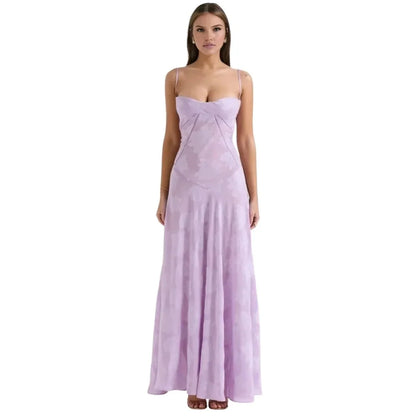 Floral Jacquard Corset Maxi Dress – Spaghetti Strap Bridesmaid Gown