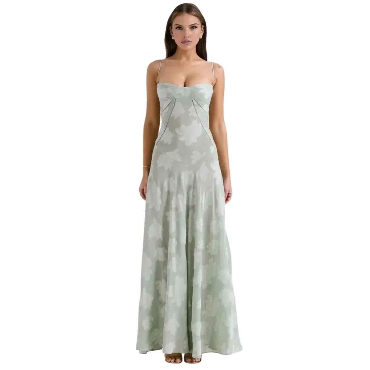 Floral Jacquard Corset Maxi Dress – Spaghetti Strap Bridesmaid Gown