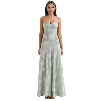 Floral Jacquard Corset Maxi Dress – Spaghetti Strap Bridesmaid Gown