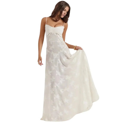 Floral Jacquard Corset Maxi Dress – Spaghetti Strap Bridesmaid Gown