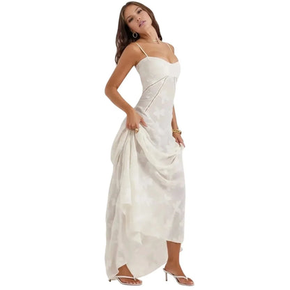 Floral Jacquard Corset Maxi Dress – Spaghetti Strap Bridesmaid Gown