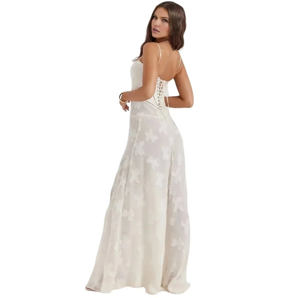 Floral Jacquard Corset Maxi Dress – Spaghetti Strap Bridesmaid Gown