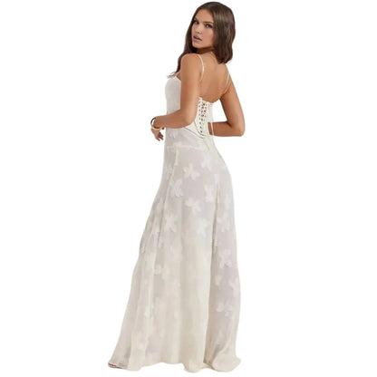 Floral Jacquard Corset Maxi Dress – Spaghetti Strap Bridesmaid Gown