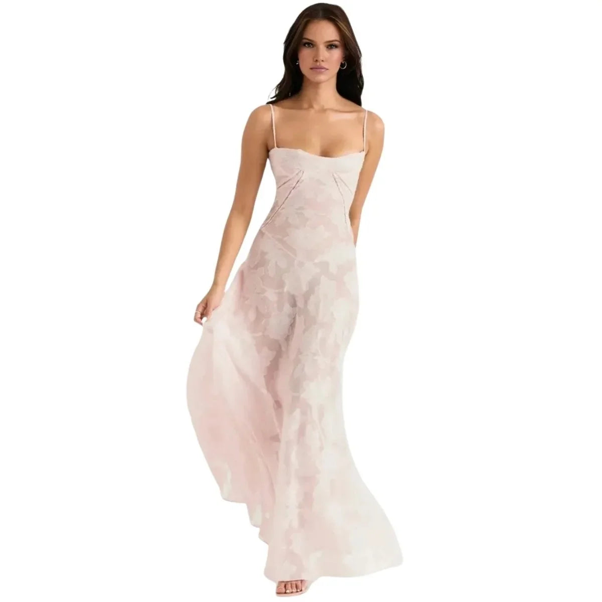 Floral Jacquard Corset Maxi Dress – Spaghetti Strap Bridesmaid Gown