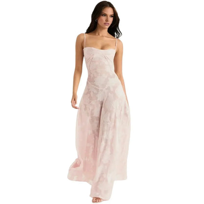 Floral Jacquard Corset Maxi Dress – Spaghetti Strap Bridesmaid Gown