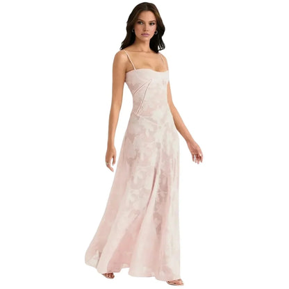 Floral Jacquard Corset Maxi Dress – Spaghetti Strap Bridesmaid Gown