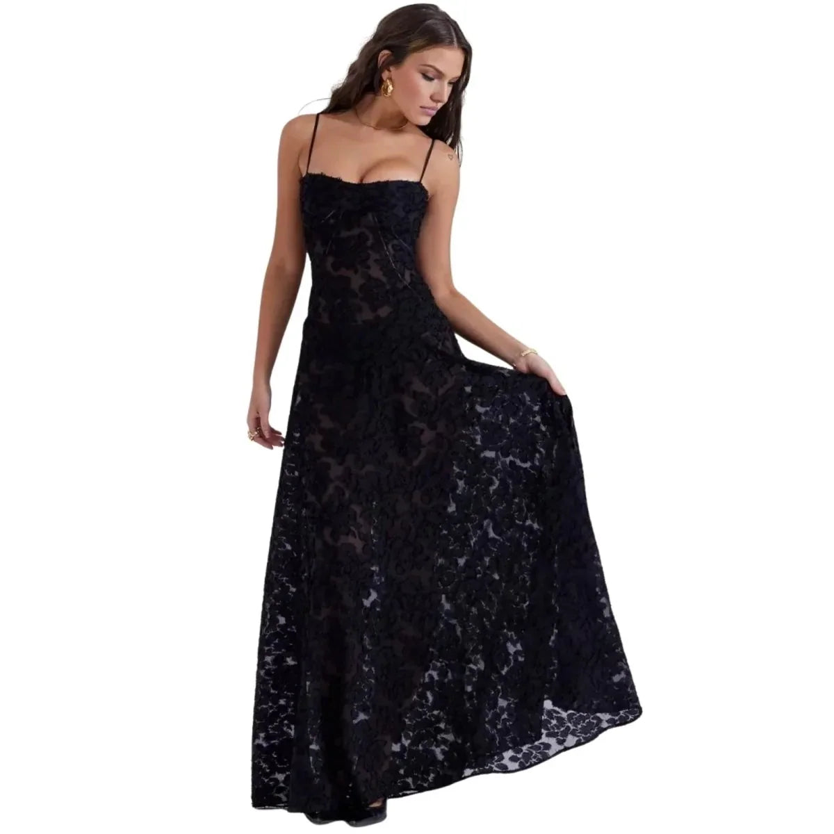 Floral Jacquard Corset Maxi Dress – Spaghetti Strap Bridesmaid Gown