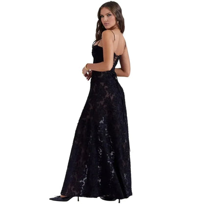 Floral Jacquard Corset Maxi Dress – Spaghetti Strap Bridesmaid Gown