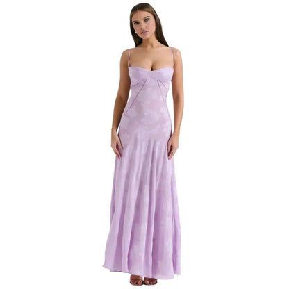Floral Jacquard Corset Maxi Dress – Spaghetti Strap Bridesmaid Gown