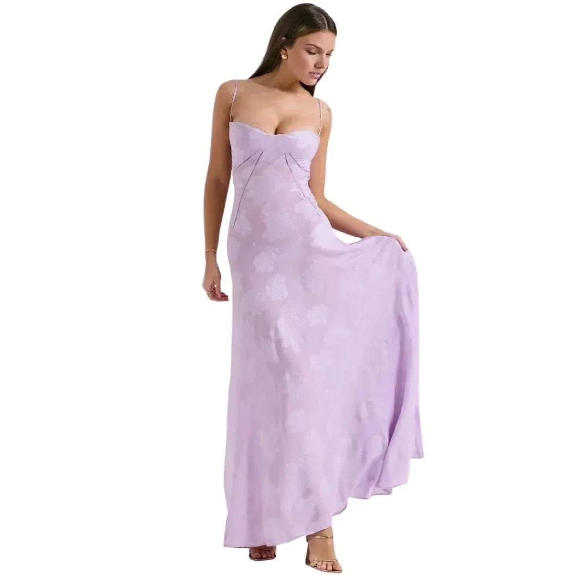 Floral Jacquard Corset Maxi Dress – Spaghetti Strap Bridesmaid Gown