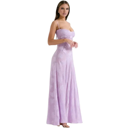 Floral Jacquard Corset Maxi Dress – Spaghetti Strap Bridesmaid Gown