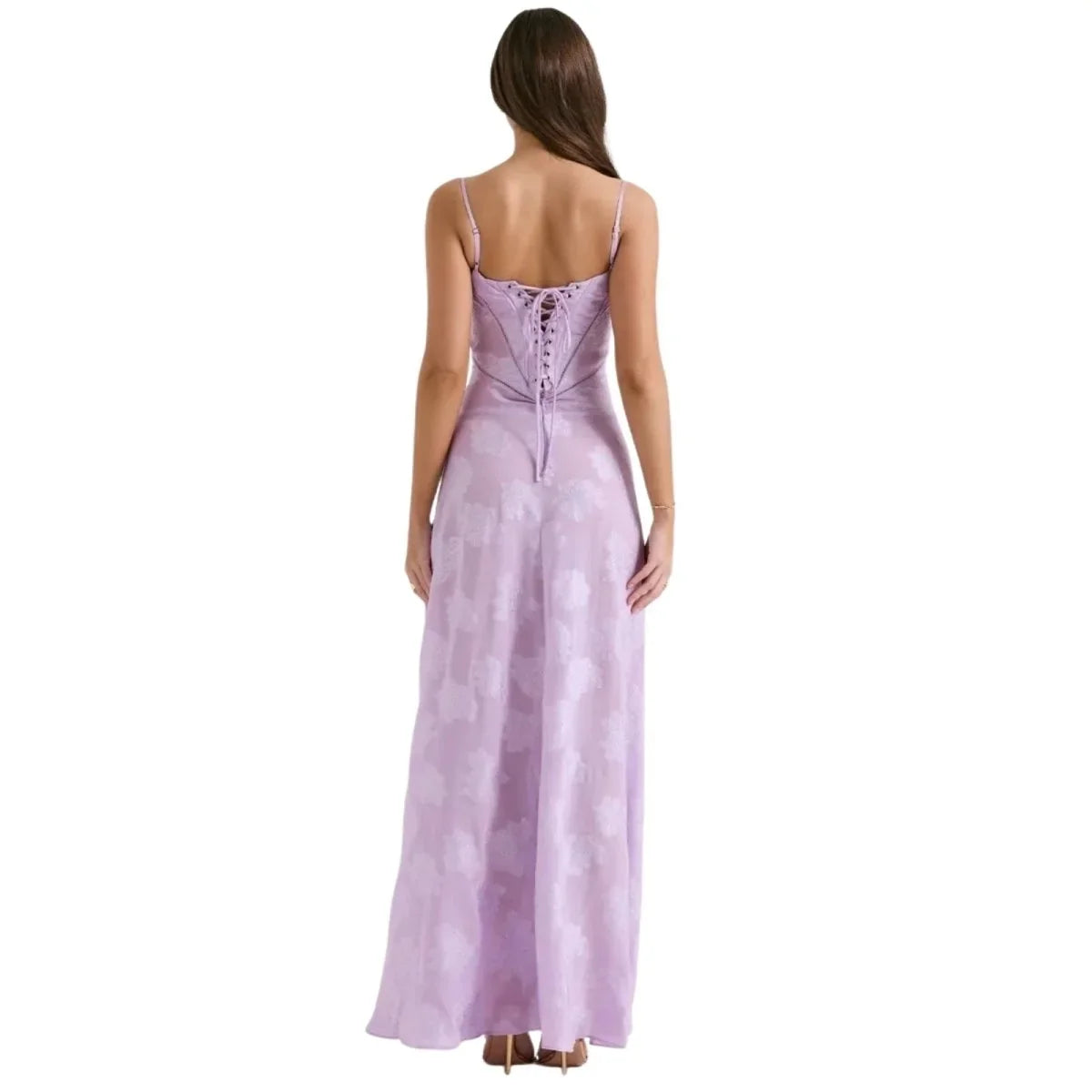 Floral Jacquard Corset Maxi Dress – Spaghetti Strap Bridesmaid Gown