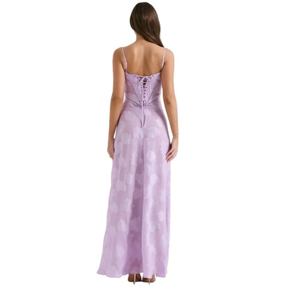 Floral Jacquard Corset Maxi Dress – Spaghetti Strap Bridesmaid Gown