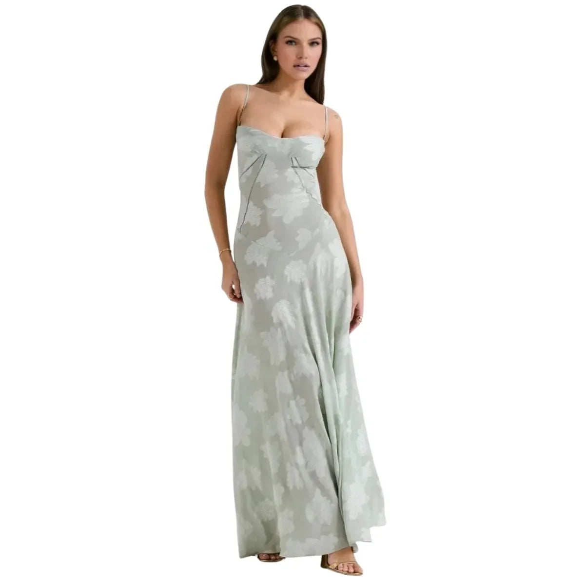 Floral Jacquard Corset Maxi Dress – Spaghetti Strap Bridesmaid Gown
