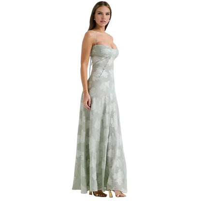 Floral Jacquard Corset Maxi Dress – Spaghetti Strap Bridesmaid Gown