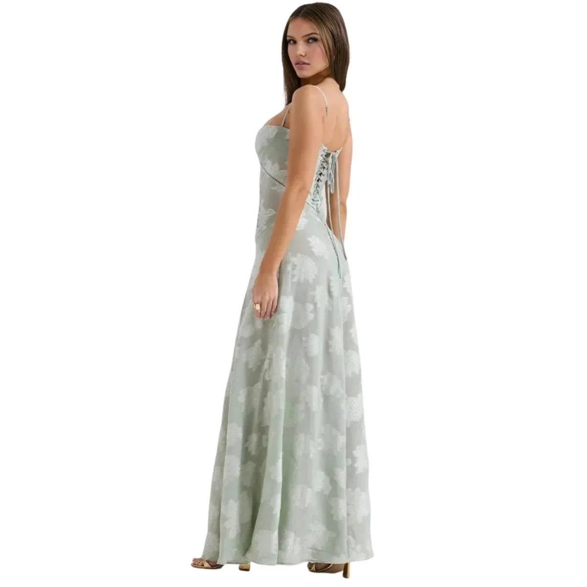 Floral Jacquard Corset Maxi Dress – Spaghetti Strap Bridesmaid Gown