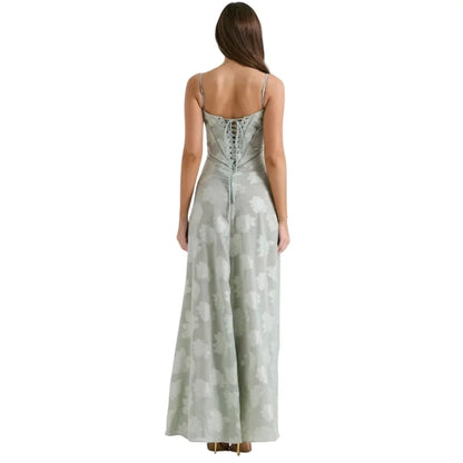 Floral Jacquard Corset Maxi Dress – Spaghetti Strap Bridesmaid Gown